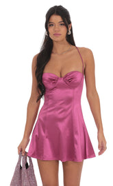 Satin Fit and Flare Dress in Magenta